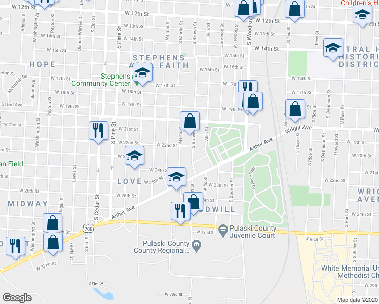 map of restaurants, bars, coffee shops, grocery stores, and more near 2201 South Martin Street in Little Rock