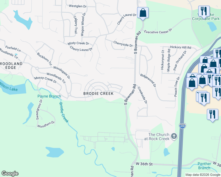 map of restaurants, bars, coffee shops, grocery stores, and more near 8 Deerberry Forest Circle in Little Rock
