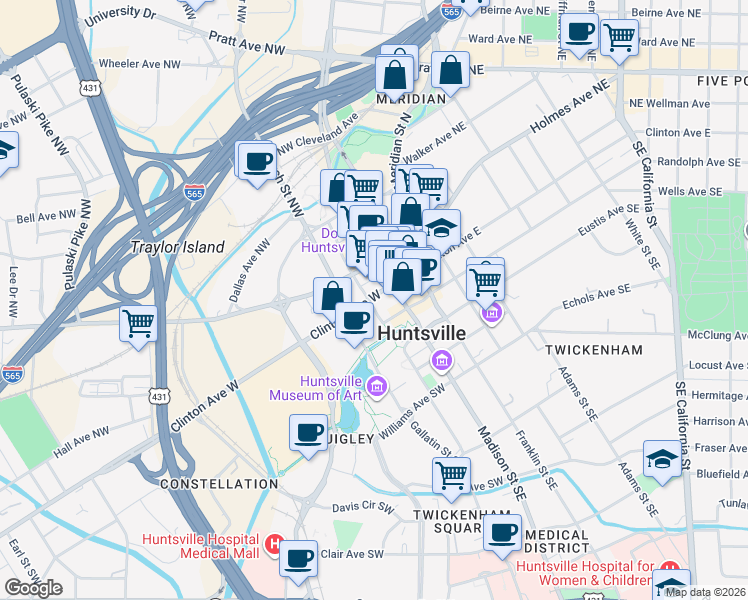 map of restaurants, bars, coffee shops, grocery stores, and more near 115 Clinton Avenue West in Huntsville