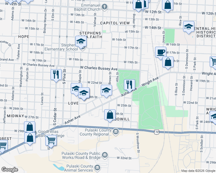 map of restaurants, bars, coffee shops, grocery stores, and more near 2201 South Martin Street in Little Rock