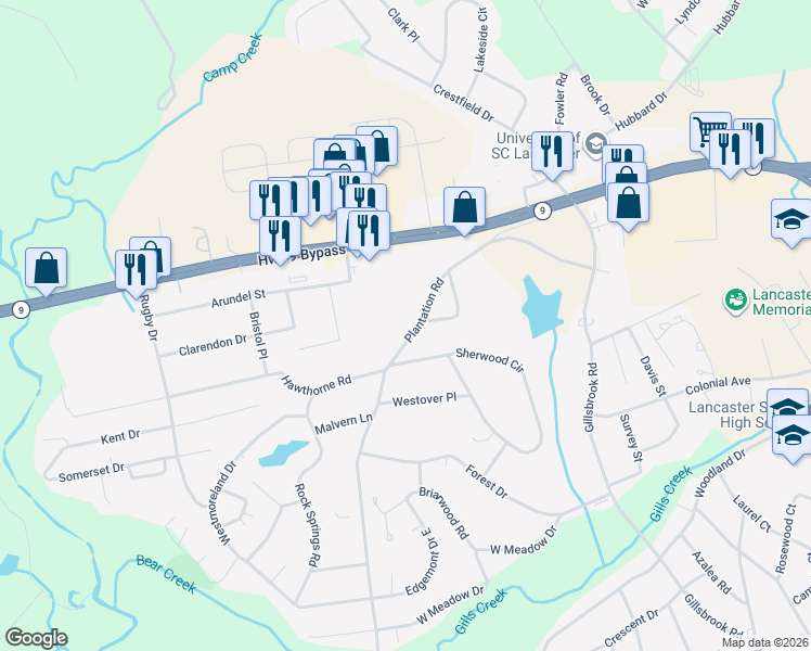 map of restaurants, bars, coffee shops, grocery stores, and more near 710 Plantation Road in Lancaster