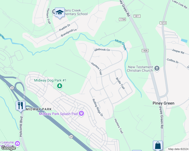 map of restaurants, bars, coffee shops, grocery stores, and more near 205 Live Oak Ct in Midway Park