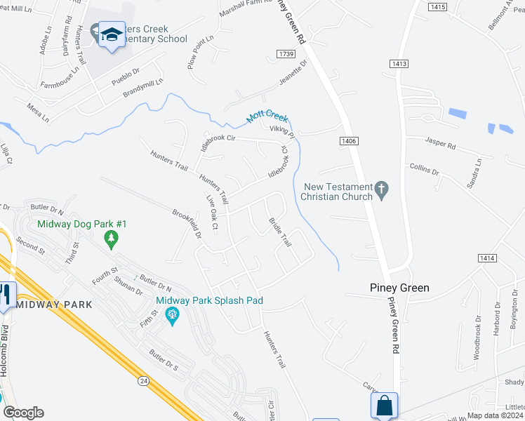 map of restaurants, bars, coffee shops, grocery stores, and more near 2221 Bridle Trail in Piney Green
