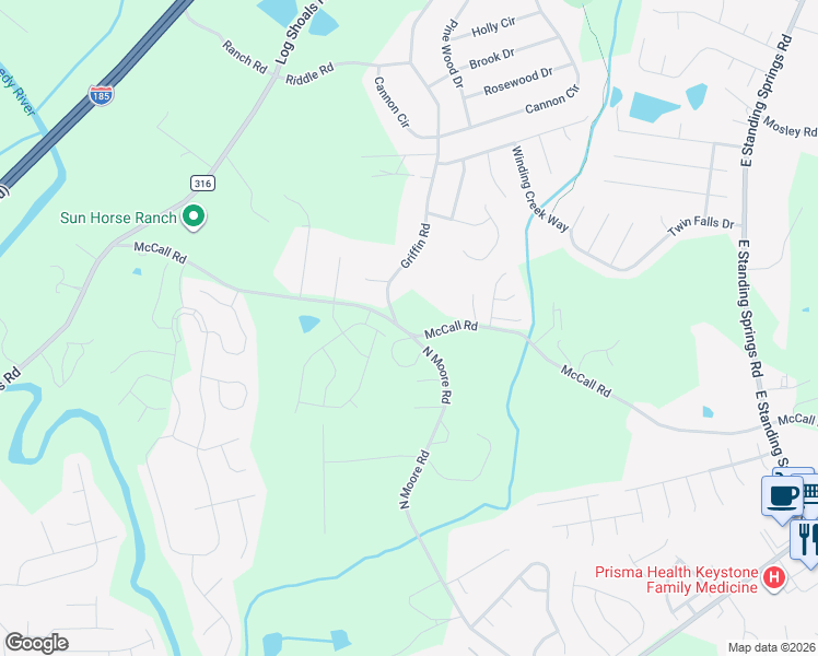 map of restaurants, bars, coffee shops, grocery stores, and more near 390 McCall Road in Greenville