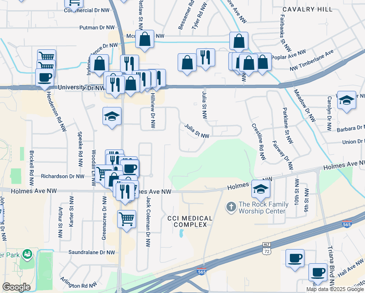 map of restaurants, bars, coffee shops, grocery stores, and more near 3632 North Crestview Drive Northwest in Huntsville