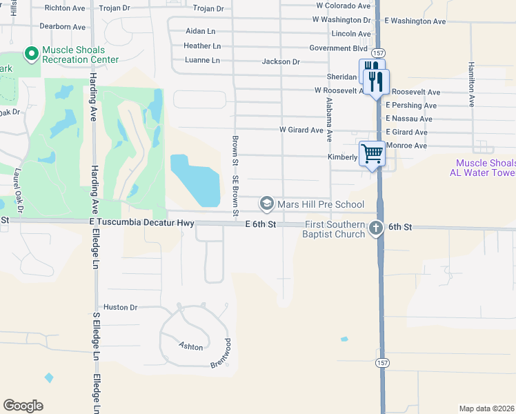 map of restaurants, bars, coffee shops, grocery stores, and more near 300-314 Fulton Street in Muscle Shoals