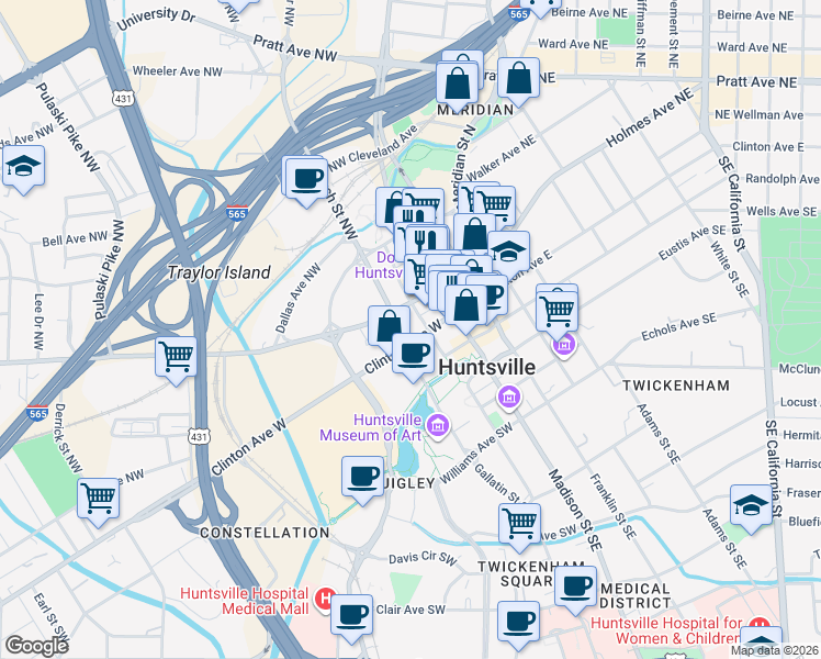 map of restaurants, bars, coffee shops, grocery stores, and more near 200 Church Street Northwest in Huntsville