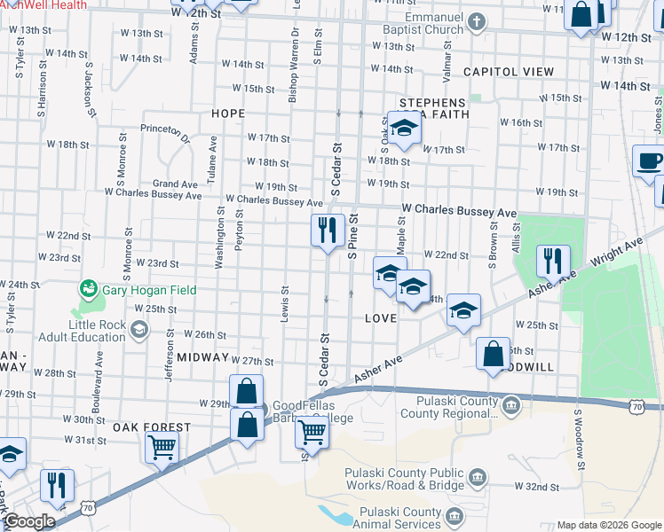 map of restaurants, bars, coffee shops, grocery stores, and more near 2210 South Cedar Street in Little Rock