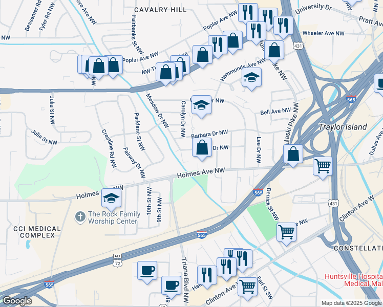 map of restaurants, bars, coffee shops, grocery stores, and more near 2817 Union Drive Northwest in Huntsville