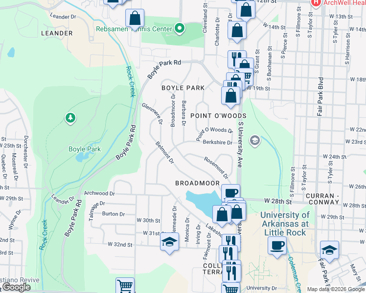 map of restaurants, bars, coffee shops, grocery stores, and more near 58 Broadmoor Drive in Little Rock