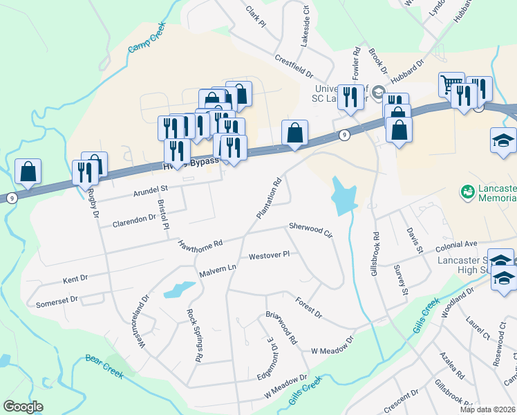 map of restaurants, bars, coffee shops, grocery stores, and more near 710 Plantation Road in Lancaster