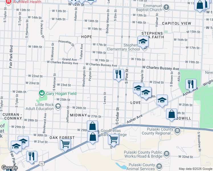 map of restaurants, bars, coffee shops, grocery stores, and more near 4124 West 23rd Street in Little Rock