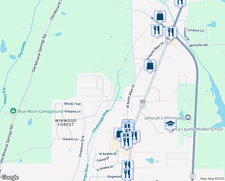 map of restaurants, bars, coffee shops, grocery stores, and more near 6 Drew Lane in LaFayette