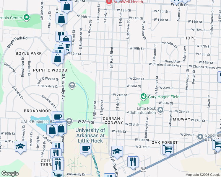 map of restaurants, bars, coffee shops, grocery stores, and more near Fair Park Boulevard in Little Rock