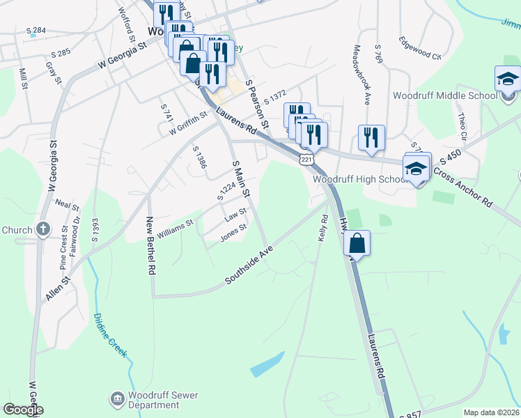 map of restaurants, bars, coffee shops, grocery stores, and more near 815 S Main St in Woodruff