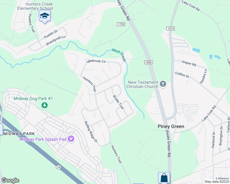 map of restaurants, bars, coffee shops, grocery stores, and more near 2218 Bridle Trail in Piney Green
