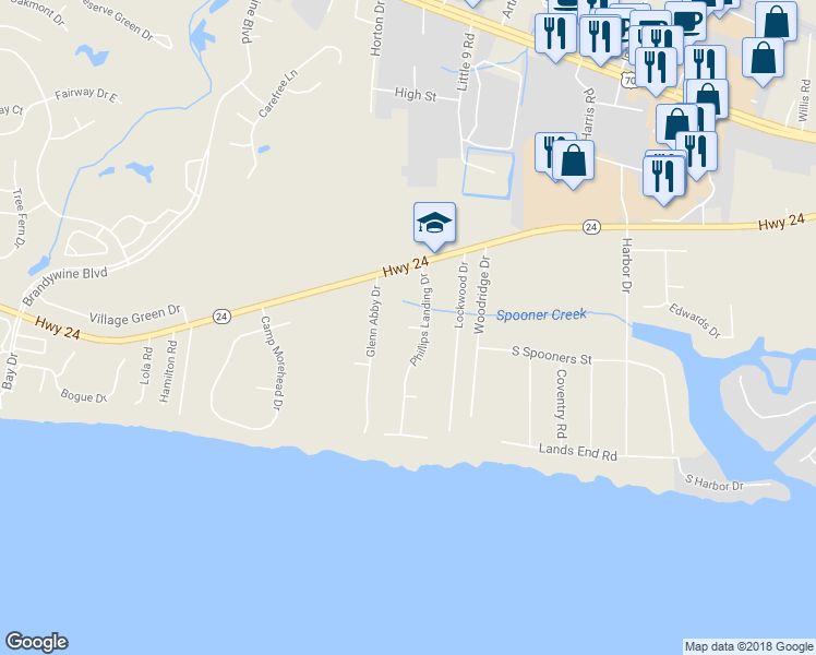 map of restaurants, bars, coffee shops, grocery stores, and more near 102 Iris Court in Morehead City