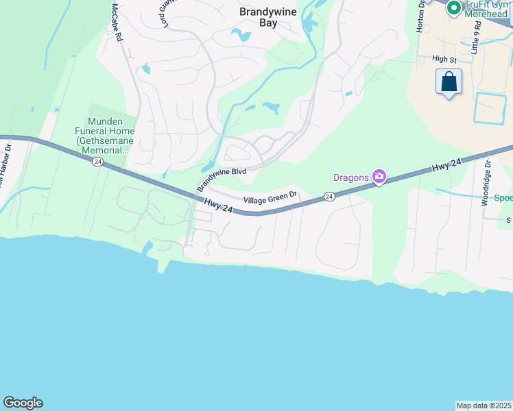 map of restaurants, bars, coffee shops, grocery stores, and more near 523 Village Green Drive in Morehead City