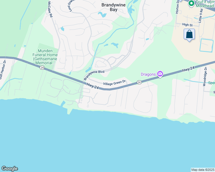 map of restaurants, bars, coffee shops, grocery stores, and more near 521 Village Green Drive in Morehead City