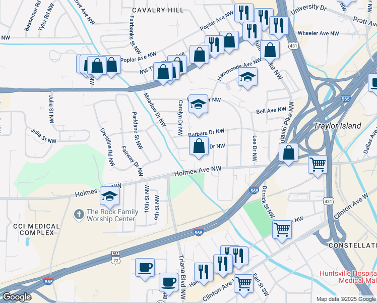 map of restaurants, bars, coffee shops, grocery stores, and more near 2817 Union Drive Northwest in Huntsville