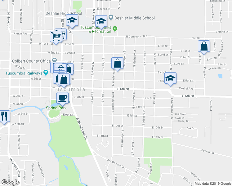 map of restaurants, bars, coffee shops, grocery stores, and more near 600 East 6th Street in Tuscumbia