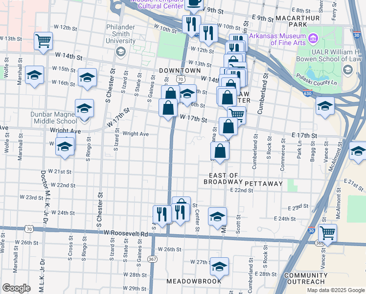 map of restaurants, bars, coffee shops, grocery stores, and more near 1816 South Spring Street in Little Rock