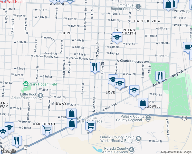 map of restaurants, bars, coffee shops, grocery stores, and more near 2210 South Cedar Street in Little Rock
