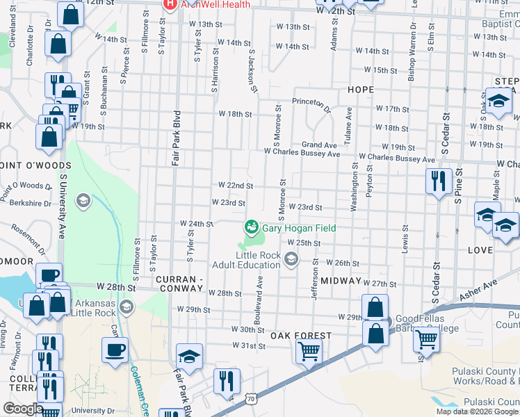 map of restaurants, bars, coffee shops, grocery stores, and more near 2222 Boulevard Avenue in Little Rock