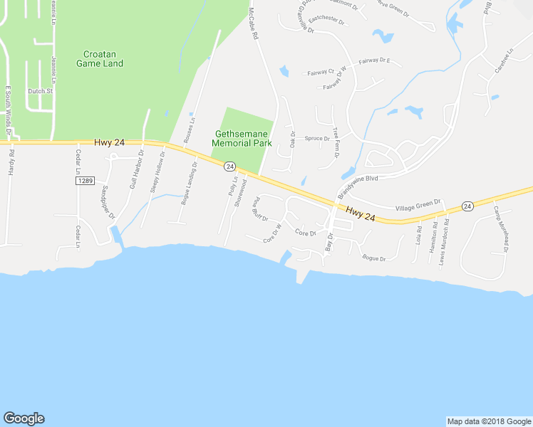map of restaurants, bars, coffee shops, grocery stores, and more near 115 Pine Bluff Drive in Morehead City