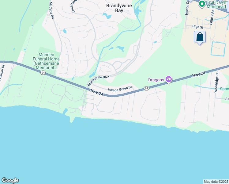 map of restaurants, bars, coffee shops, grocery stores, and more near 521 Village Green Drive in Morehead City