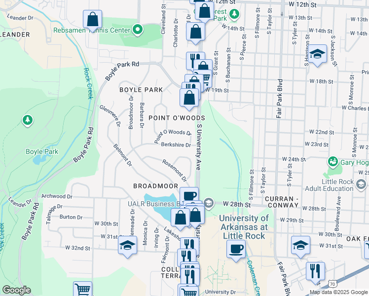 map of restaurants, bars, coffee shops, grocery stores, and more near 64 Berkshire Drive in Little Rock