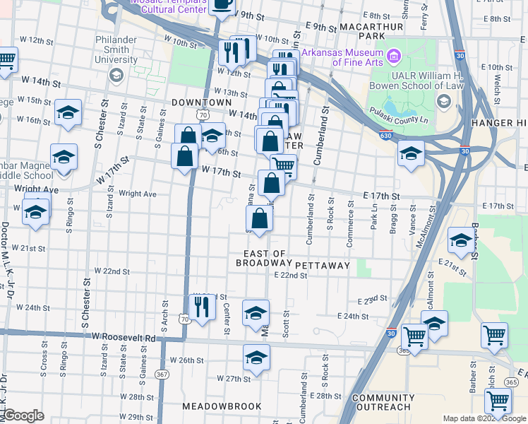 map of restaurants, bars, coffee shops, grocery stores, and more near 1820 Main Street in Little Rock