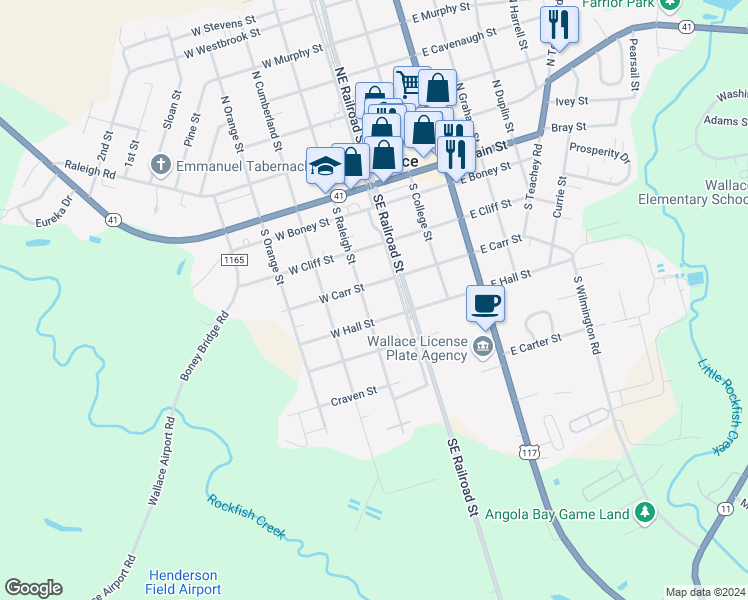 map of restaurants, bars, coffee shops, grocery stores, and more near 405 South Raleigh Street in Wallace