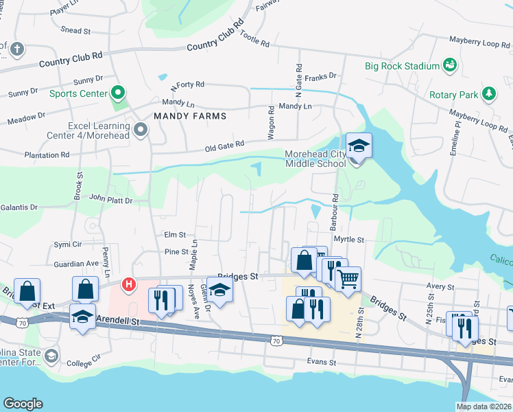 map of restaurants, bars, coffee shops, grocery stores, and more near 412 Commerce Avenue in Morehead City