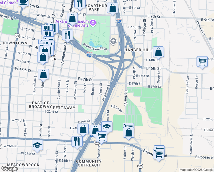 map of restaurants, bars, coffee shops, grocery stores, and more near 1416 McAlmont Street in Little Rock