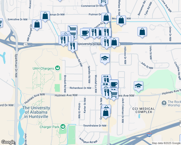 map of restaurants, bars, coffee shops, grocery stores, and more near 920 Speake Road Northwest in Huntsville