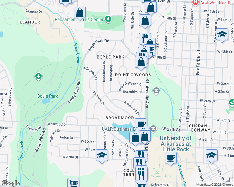 map of restaurants, bars, coffee shops, grocery stores, and more near 38 Berkshire Dr in Little Rock