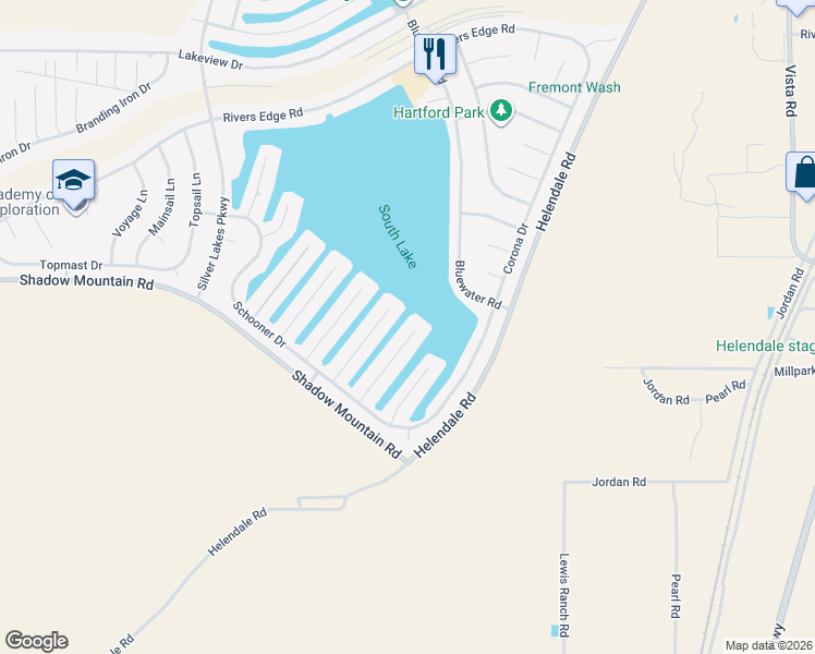 map of restaurants, bars, coffee shops, grocery stores, and more near 26454 Edgewater Lane in Helendale