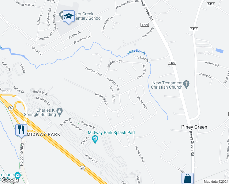 map of restaurants, bars, coffee shops, grocery stores, and more near 204 Live Oak Court in Piney Green