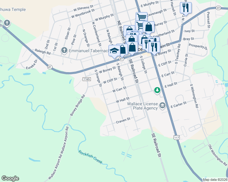 map of restaurants, bars, coffee shops, grocery stores, and more near 300 West Carr Street in Wallace