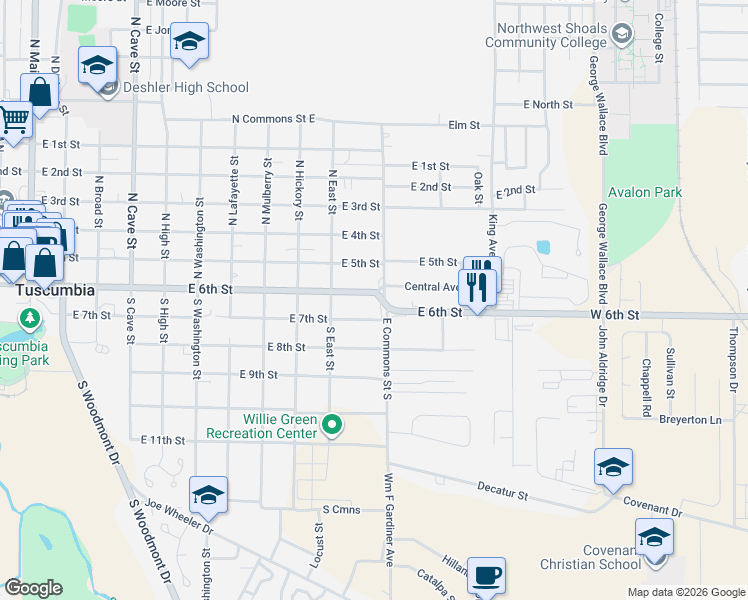 map of restaurants, bars, coffee shops, grocery stores, and more near 1012 East 6th Street in Tuscumbia