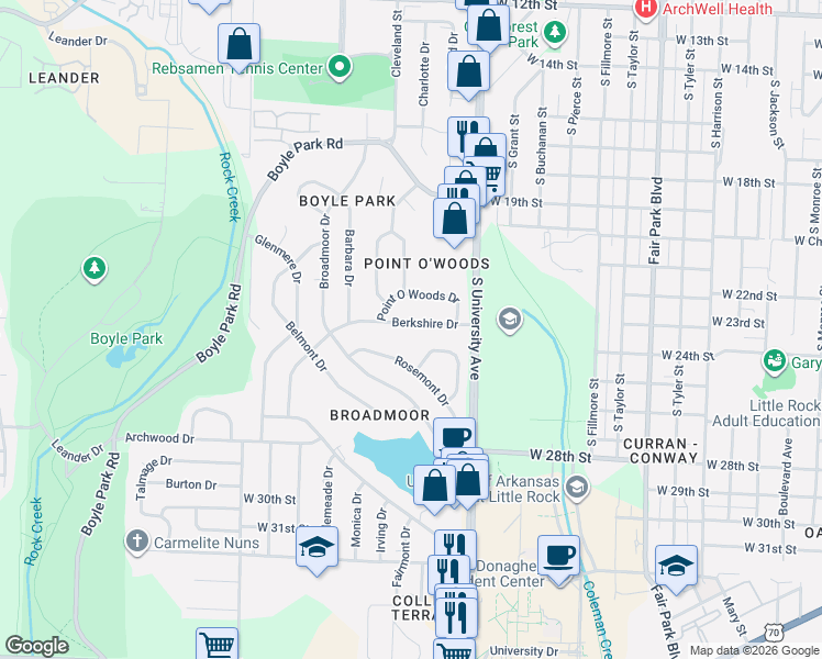 map of restaurants, bars, coffee shops, grocery stores, and more near 50 Berkshire Drive in Little Rock