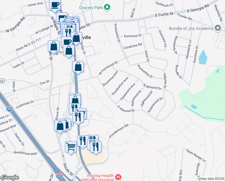 map of restaurants, bars, coffee shops, grocery stores, and more near 203 South Almond Drive in Simpsonville
