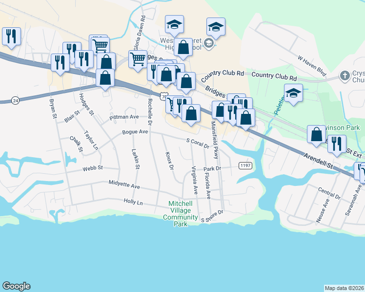 map of restaurants, bars, coffee shops, grocery stores, and more near 202 Virginia Avenue in Morehead City