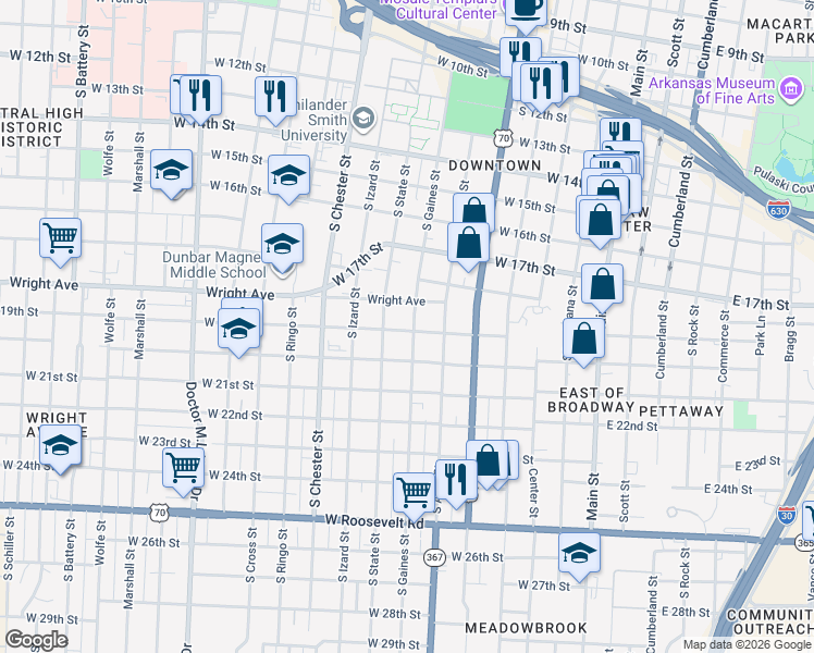 map of restaurants, bars, coffee shops, grocery stores, and more near 704 West 19th Street in Little Rock
