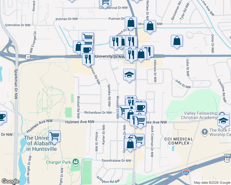 map of restaurants, bars, coffee shops, grocery stores, and more near 920 Woodall Lane Northwest in Huntsville