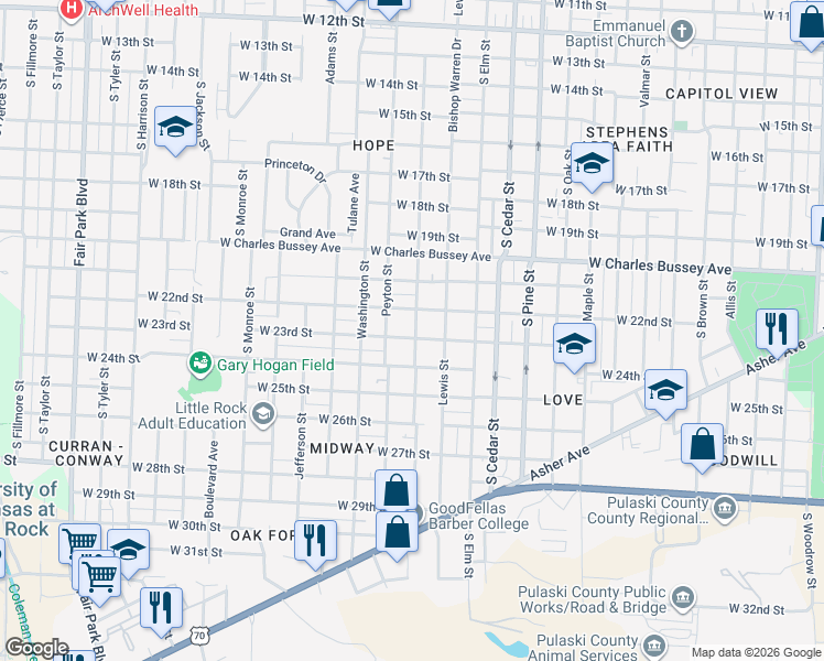 map of restaurants, bars, coffee shops, grocery stores, and more near 4300 West 23rd Street in Little Rock