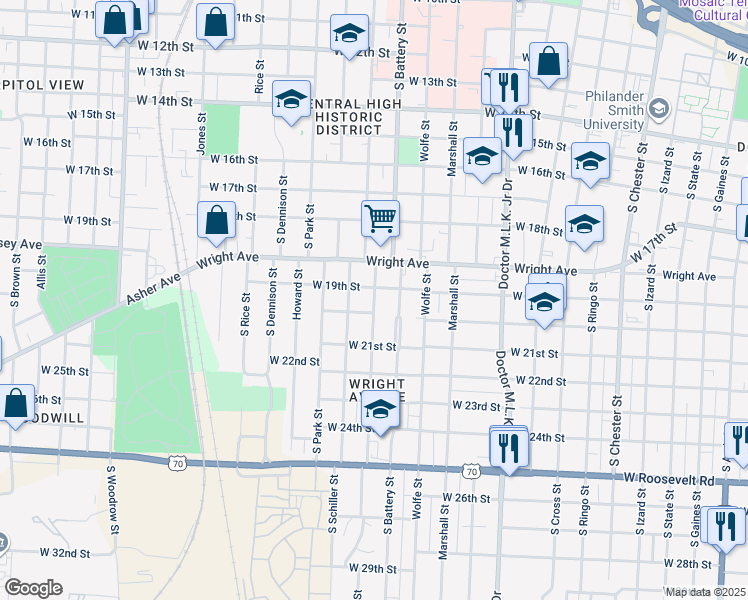 map of restaurants, bars, coffee shops, grocery stores, and more near 1901 South Summit Street in Little Rock