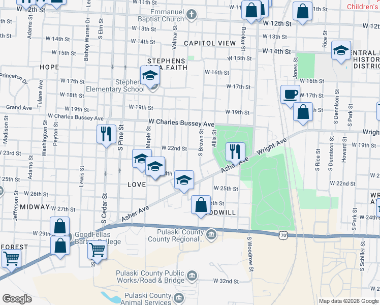 map of restaurants, bars, coffee shops, grocery stores, and more near 2201 Martin Street in Little Rock