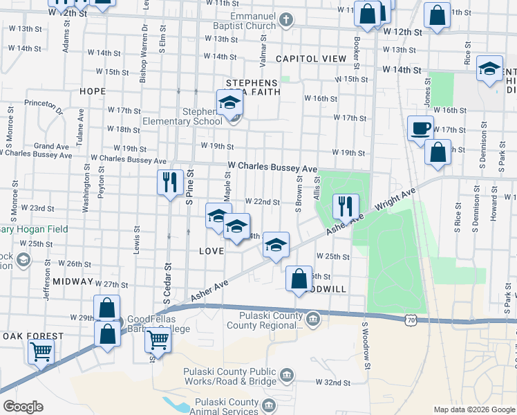 map of restaurants, bars, coffee shops, grocery stores, and more near 2200 Valmar Street in Little Rock